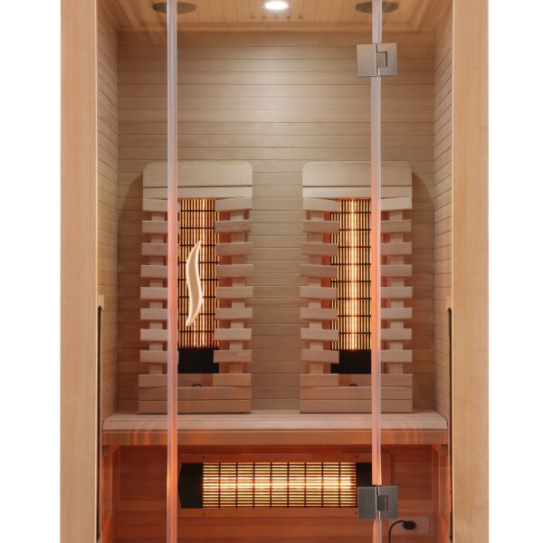 sauna infrarossi per due persone full spectrum con potenza regolabile e frontale vetrato vista frontale
