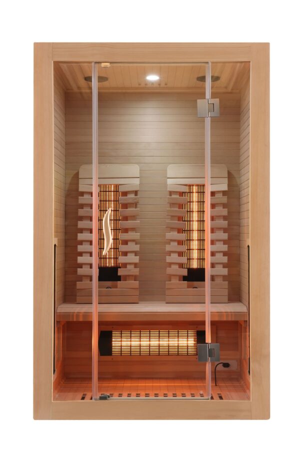 sauna infrarossi per due persone full spectrum con potenza regolabile e frontale vetrato vista frontale