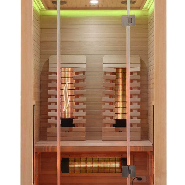 sauna infrarossi per due persone full spectrum con potenza regolabile e frontale vetrato vista frontale