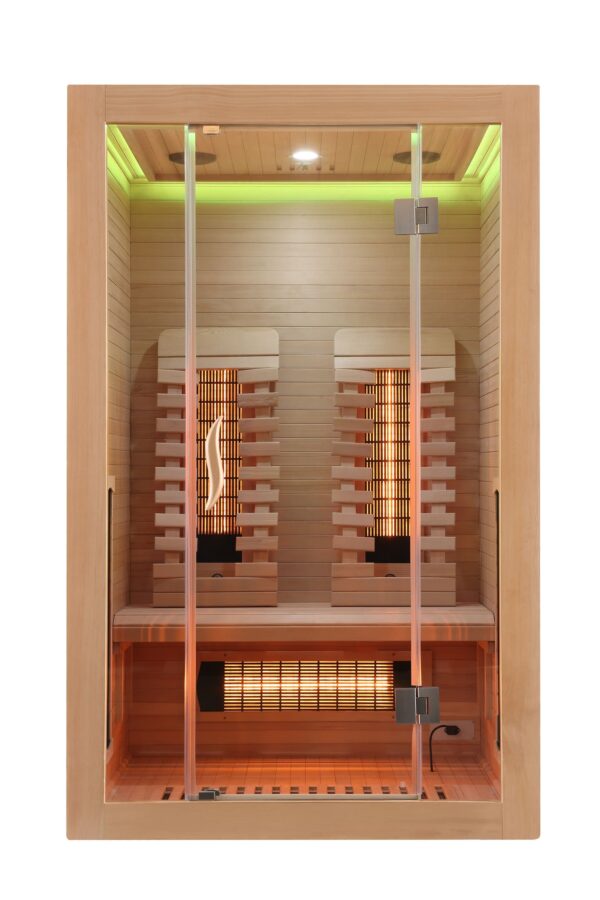 sauna infrarossi per due persone full spectrum con potenza regolabile e frontale vetrato vista frontale