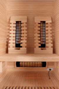 sauna infrarossi per due persone full spectrum con potenza regolabile e frontale vetrato vista radiatori