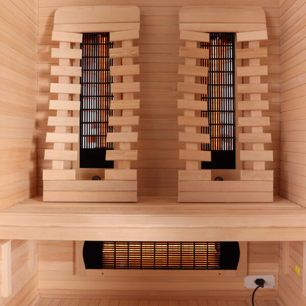 sauna infrarossi per due persone full spectrum con potenza regolabile e frontale vetrato vista radiatori