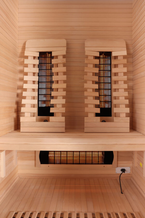 sauna infrarossi per due persone full spectrum con potenza regolabile e frontale vetrato vista radiatori