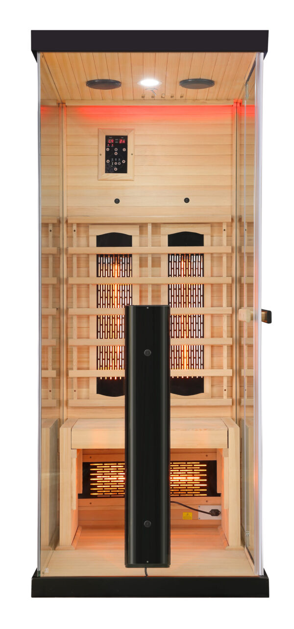 sauna ad infrarossi completamente vetrata con cromoterapia frontale