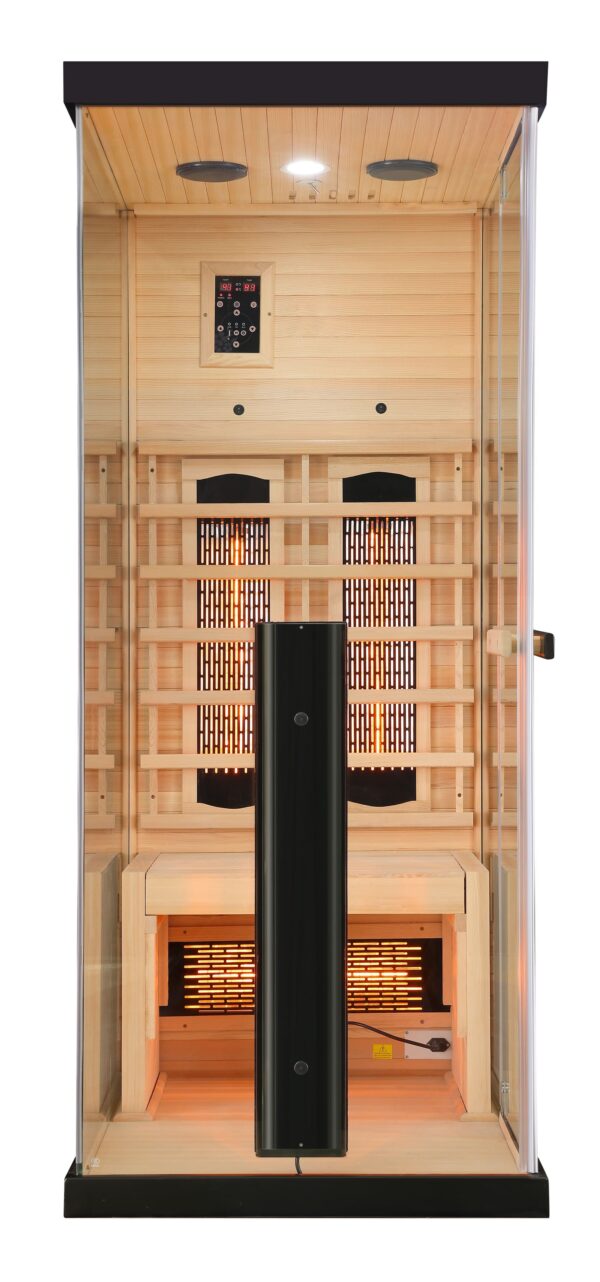 sauna ad infrarossi completamente vetrata con cromoterapia frontale