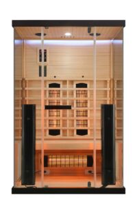 sauna moderna ed elegante ad infrarossi con vetrata su 3 lati radiatori full spectrum - vista frontale