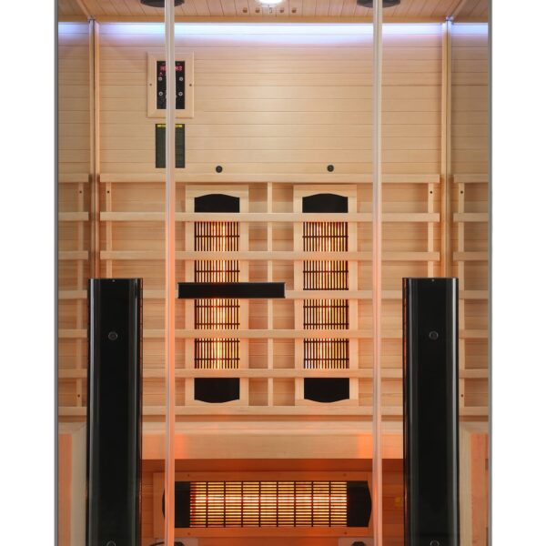 sauna moderna ed elegante ad infrarossi con vetrata su 3 lati radiatori full spectrum - vista frontale
