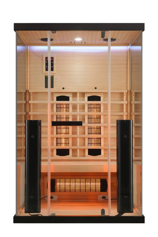 sauna moderna ed elegante ad infrarossi con vetrata su 3 lati radiatori full spectrum - vista frontale