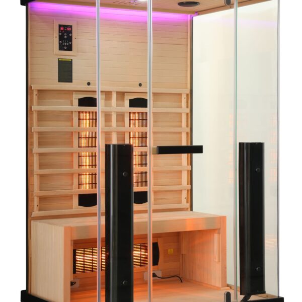 sauna moderna ed elegante ad infrarossi con vetrata su 3 lati radiatori full spectrum - vista frontale cromoterapia