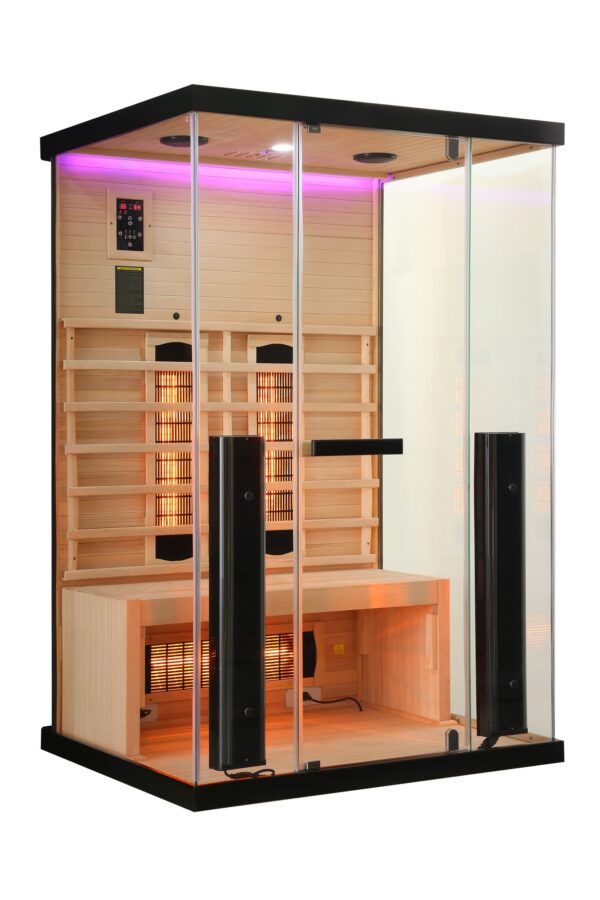 sauna moderna ed elegante ad infrarossi con vetrata su 3 lati radiatori full spectrum - vista frontale cromoterapia