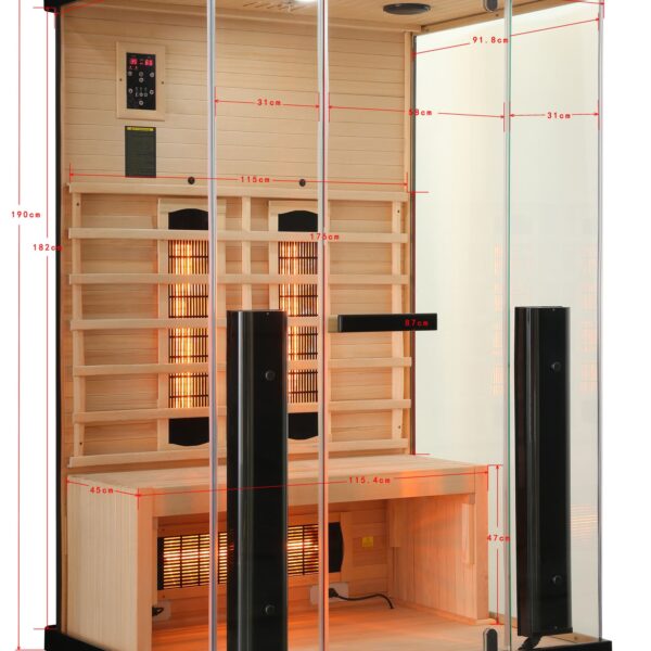 sauna moderna ed eleganmte ad infrarossi con vetrata su 3 lati radiatori full spectrum