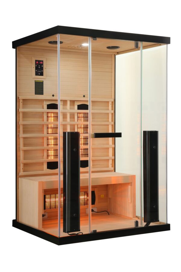 sauna moderna ed elegante ad infrarossi con vetrata su 3 lati radiatori full spectrum - vista esterna