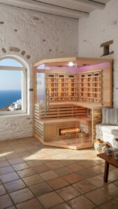 sauna infrarossin full spectrum vetrata ad angolo 4 posti da interno