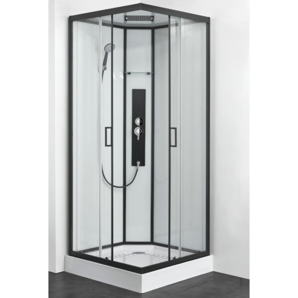 cabina doccia quadrata con piatto doccia e rubinetteria lati posteriori chiusi