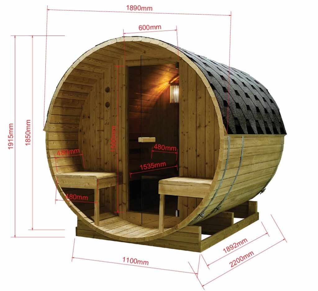 dimensioni sauna da esterno a botte 4 persone con terrazzo