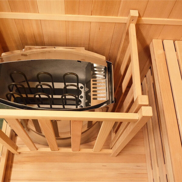 Sauna finlandese in hemlock canadese 3 posti con frontale vetrato ad angolo