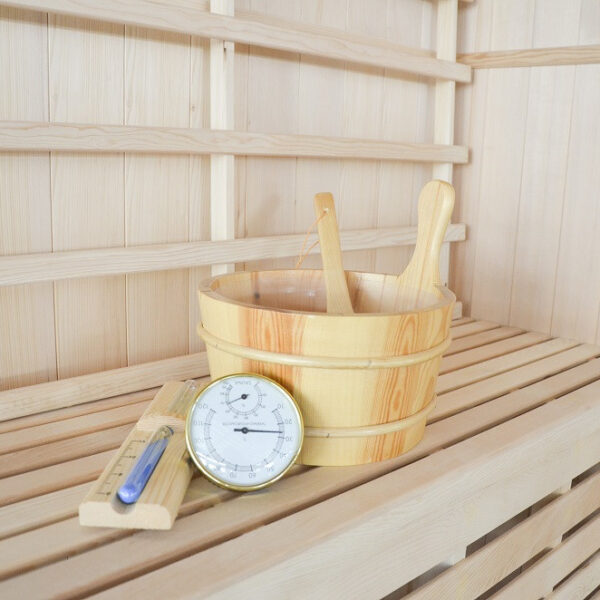 Sauna finlandese in hemlock canadese 3 posti con frontale vetrato ad angolo