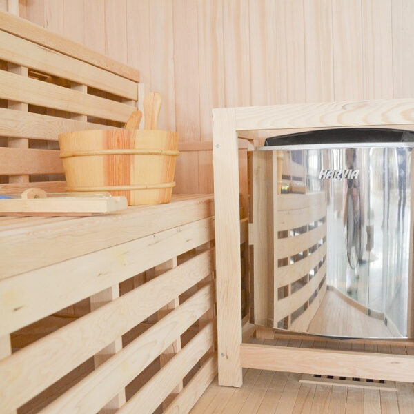 Sauna finlandese in hemlock canadese 3 posti con frontale vetrato ad angolo