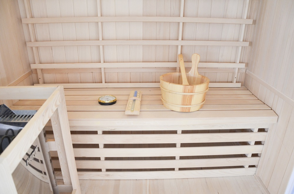 Sauna finlandese in hemlock canadese 3 posti con frontale vetrato