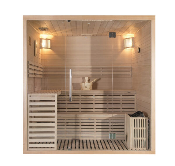 Sauna finlandese in hemlock canadese 150x180 cm con frontale vetrato