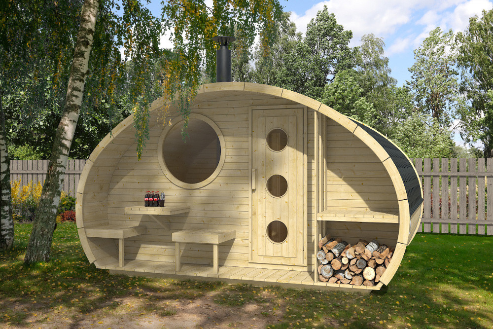 Sauna finlandese da esterno mod. FIABA con spogliatoio da 4x3 m