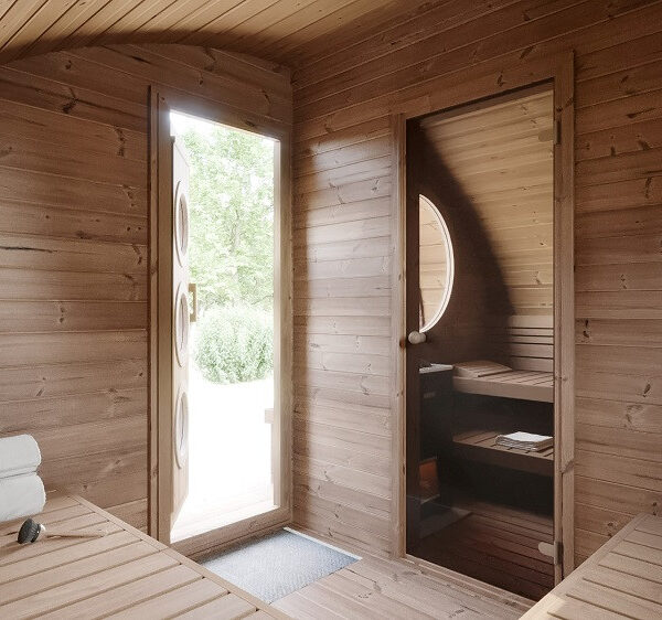 Sauna finlandese da esterno mod. FIABA con spogliatoio da 4x3 m