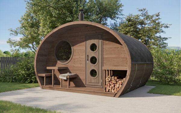 Sauna finlandese da esterno mod. FIABA con spogliatoio da 4x3 m