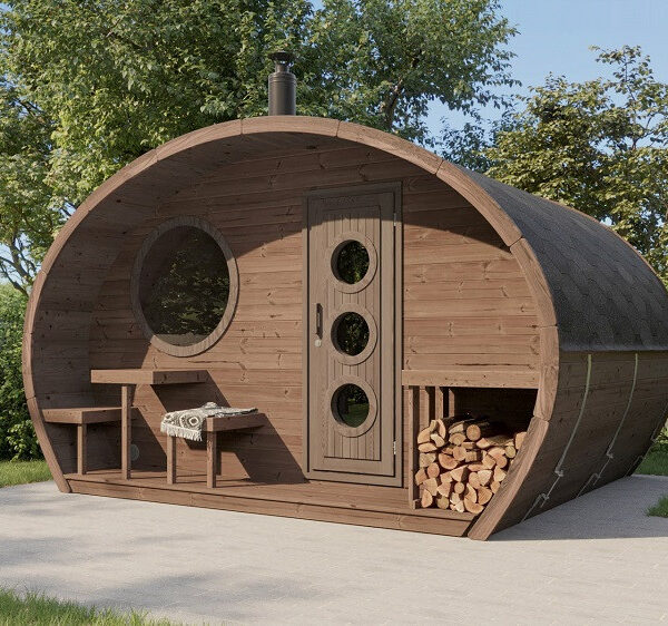 Sauna finlandese da esterno mod. FIABA con spogliatoio da 4x3 m