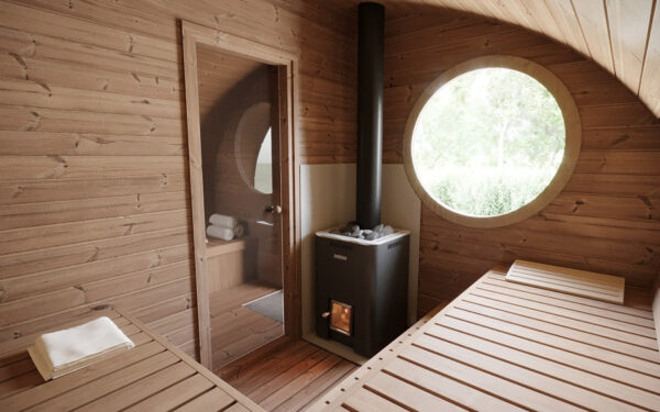 Sauna finlandese da esterno mod. FIABA con spogliatoio da 4x3 m