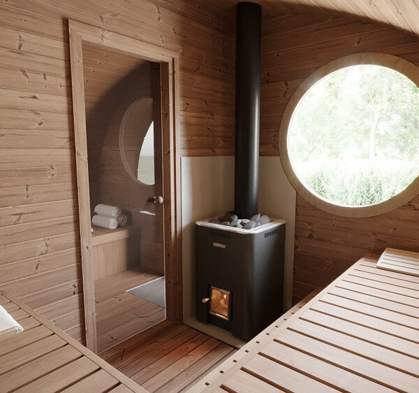 Sauna finlandese da esterno mod. FIABA con spogliatoio da 4x3 m