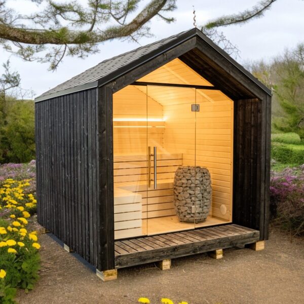 sauna a casetta da esterno con tetto a due falde isolata e ventilata