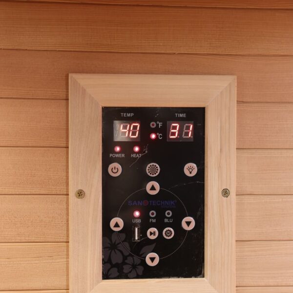 sauna ad angolo frontale vetrato ad infrarossi per due persone radiatori display di comando
