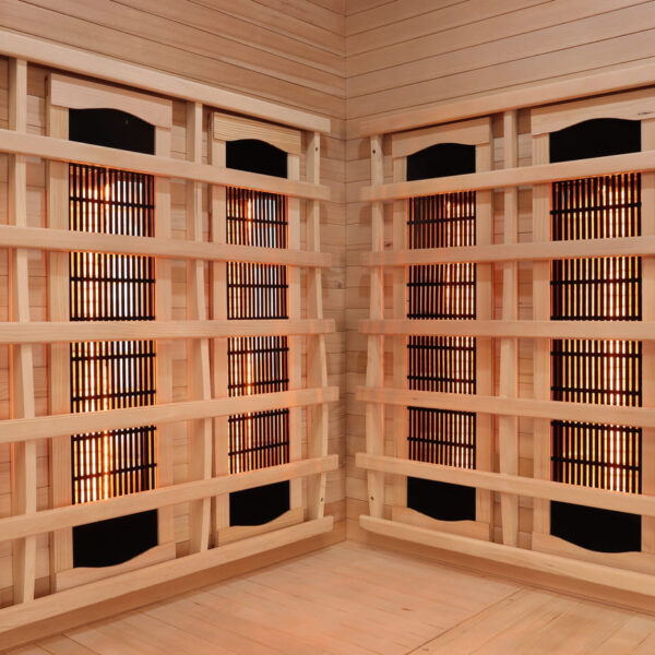 sauna ad angolo frontale vetrato ad infrarossi per due persone radiatori vista interna radiatori