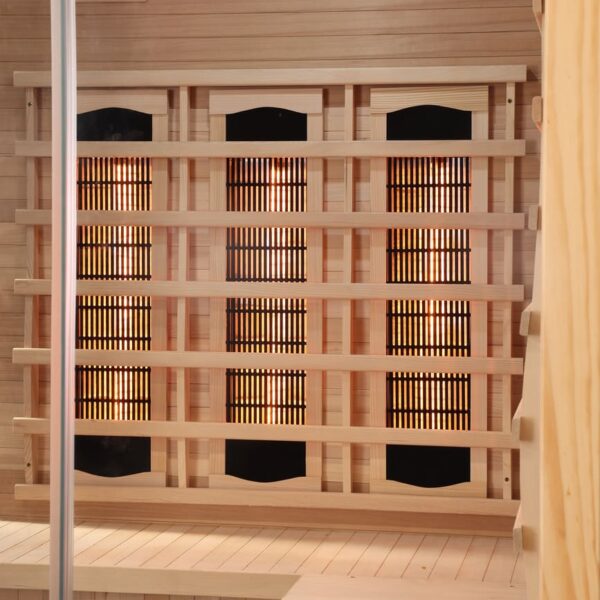 sauna ad angolo frontale vetrato ad infrarossi per due persone radiatori vista interna radiatori e panche 3