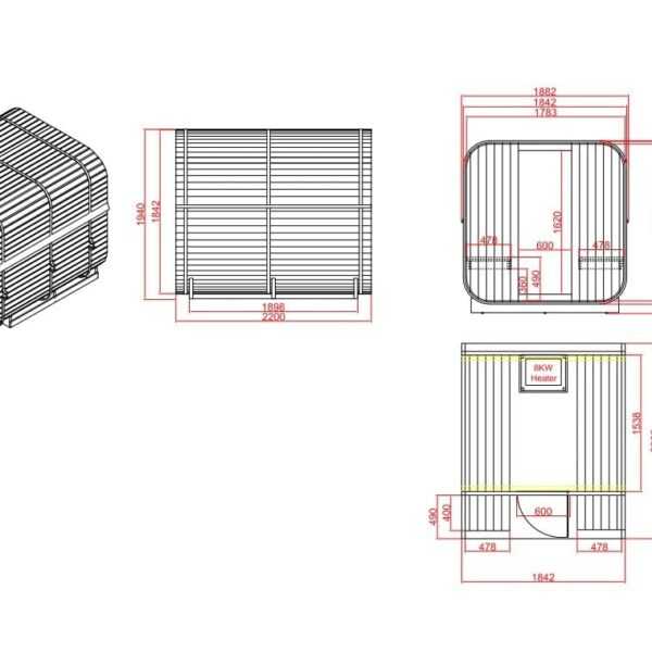 sauna da esterno F60220 4 persone frontale - disegni