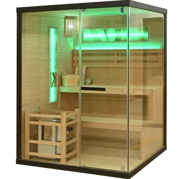 sauna finlandese da casa con vetrata ad angolo con sale himalayano