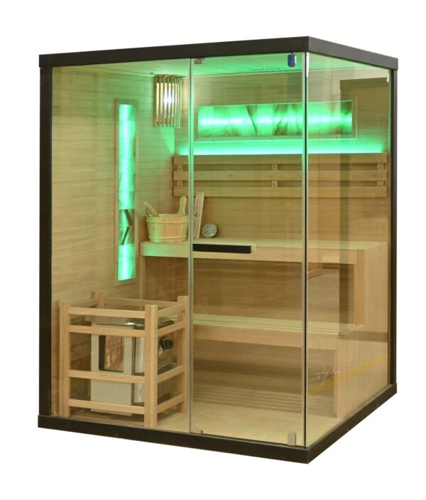 sauna finlandese da casa con vetrata ad angolo con sale himalayano